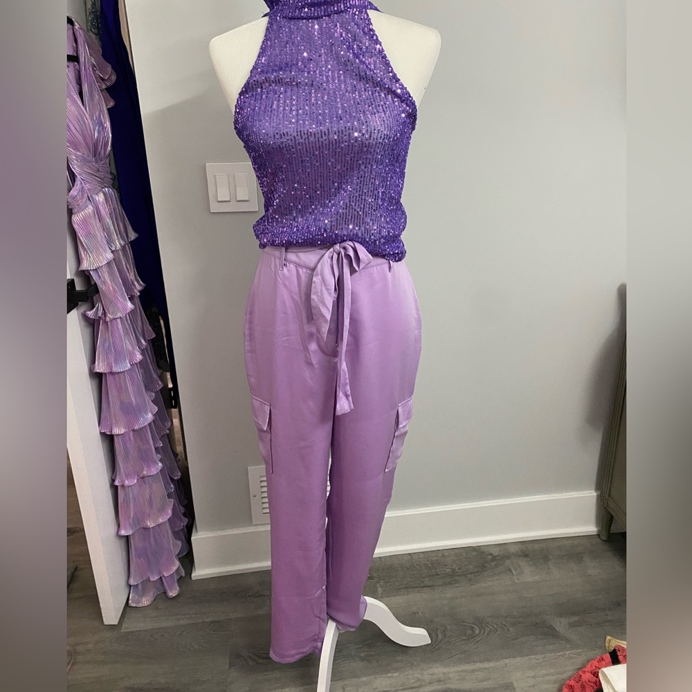 Two piece set, silk cargo pants with sequins sleeveless top